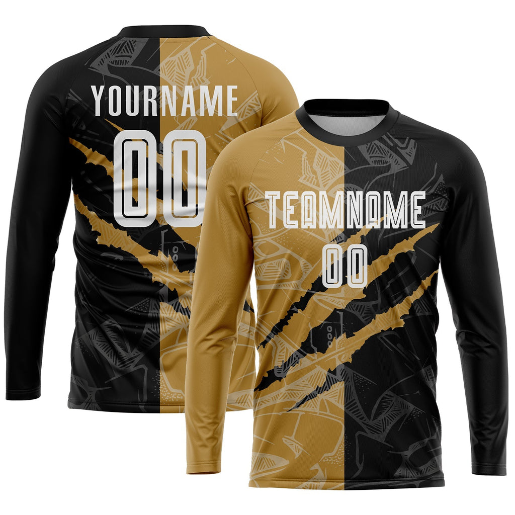 Custom Soccer Jersey - Graffiti Pattern White Black-Old Gold Scratch Sublimation Uniform