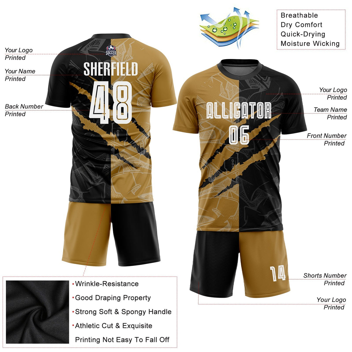 Custom Soccer Jersey - Graffiti Pattern White Black-Old Gold Scratch Sublimation Uniform