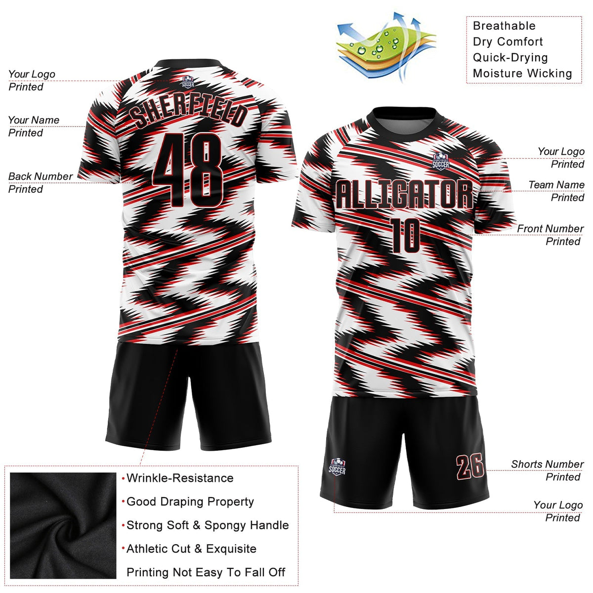 Custom Soccer Jersey - White Black-Red Sublimation Uniform