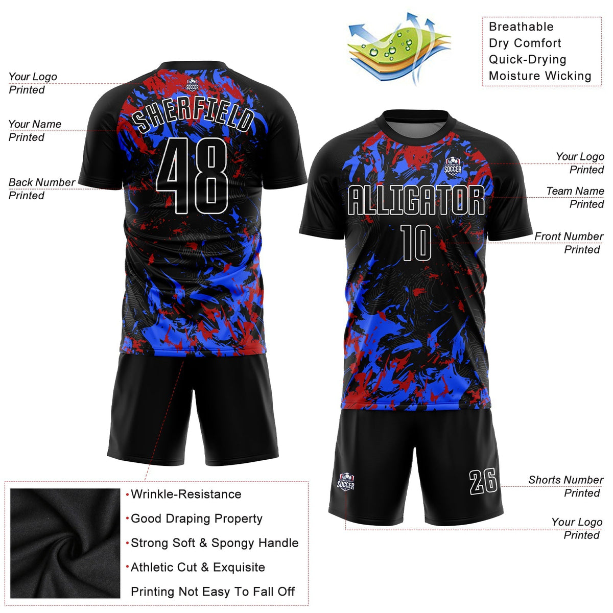 Custom Soccer Jersey - Black Black Royal-Red Sublimation Uniform