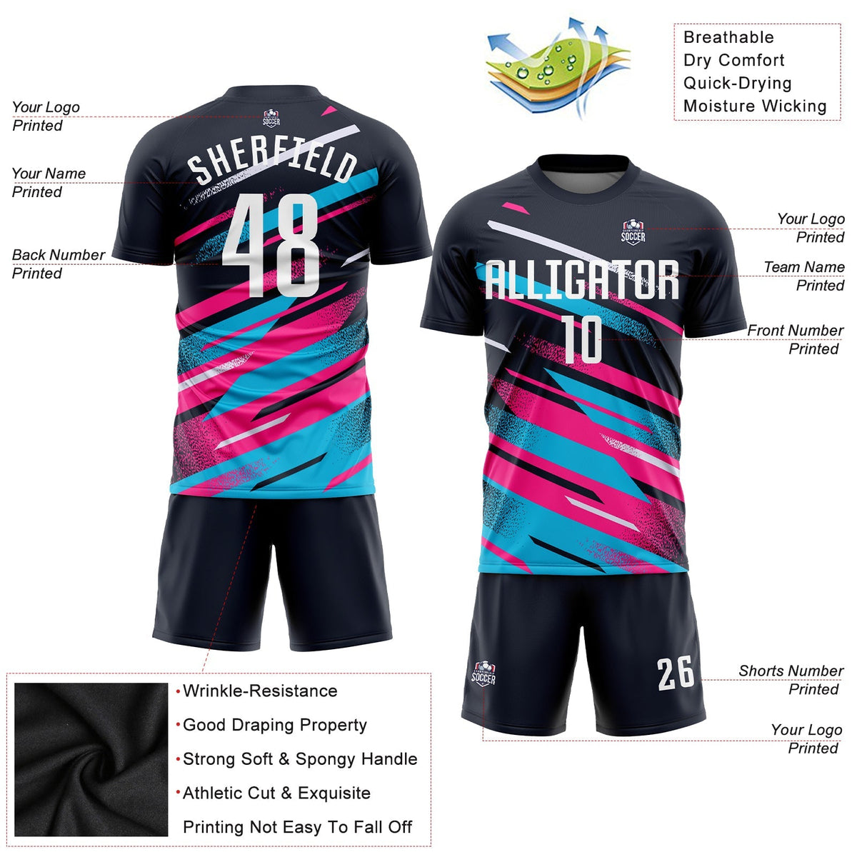 Custom Soccer Jersey - Navy White Pink-Light Blue Sublimation Uniform