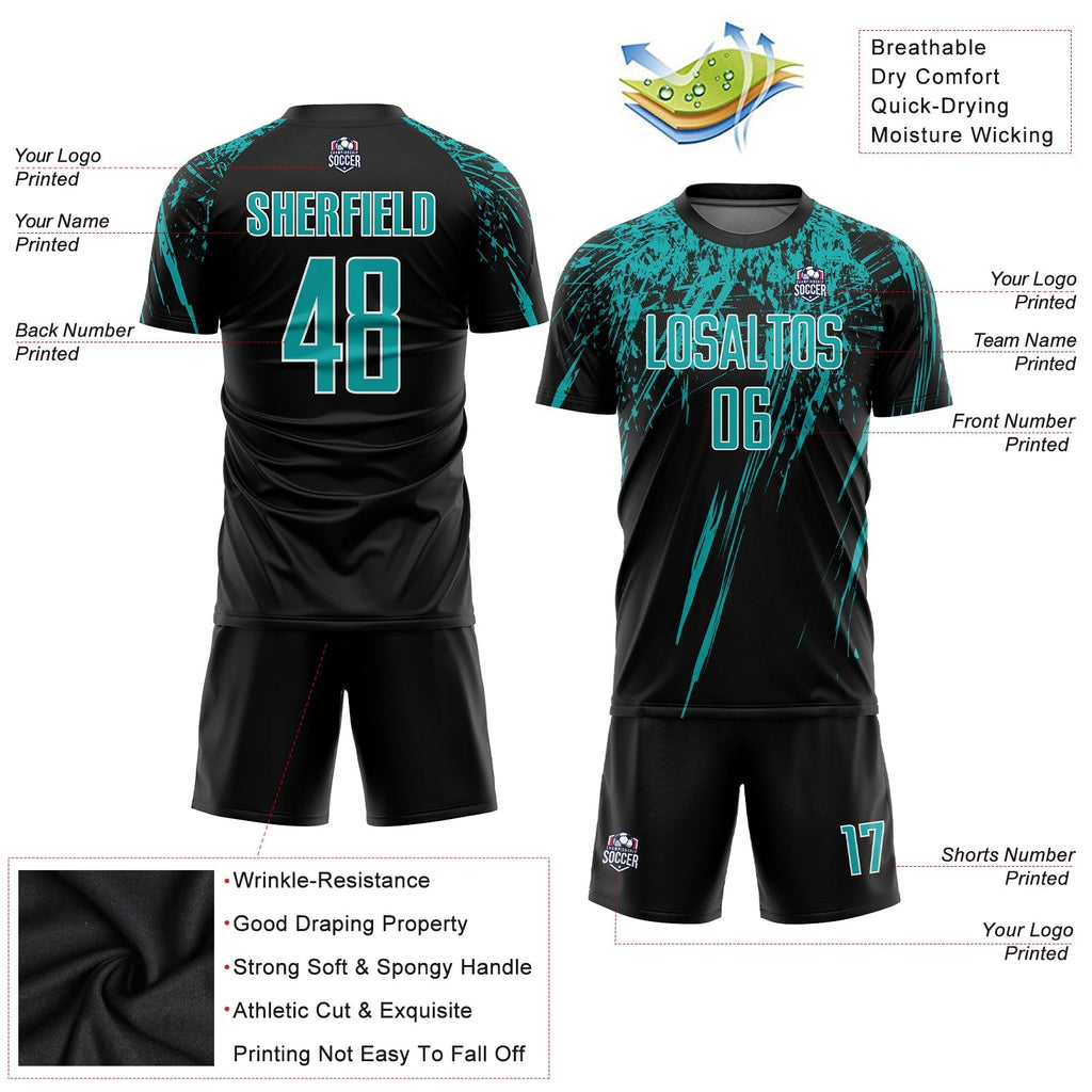 Custom Soccer Jersey - Black Aqua-White Sublimation Uniform
