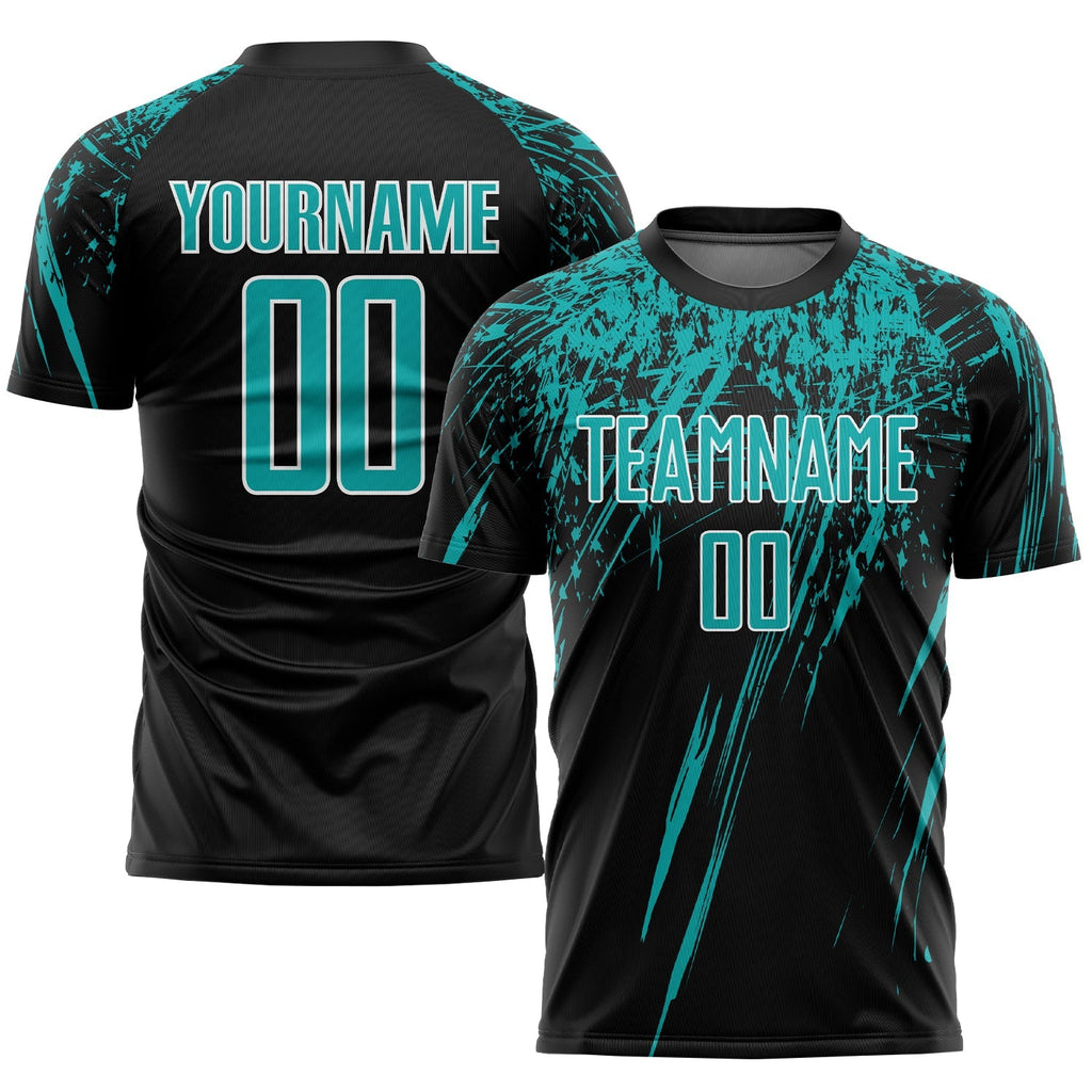Custom Soccer Jersey - Black Aqua-White Sublimation Uniform