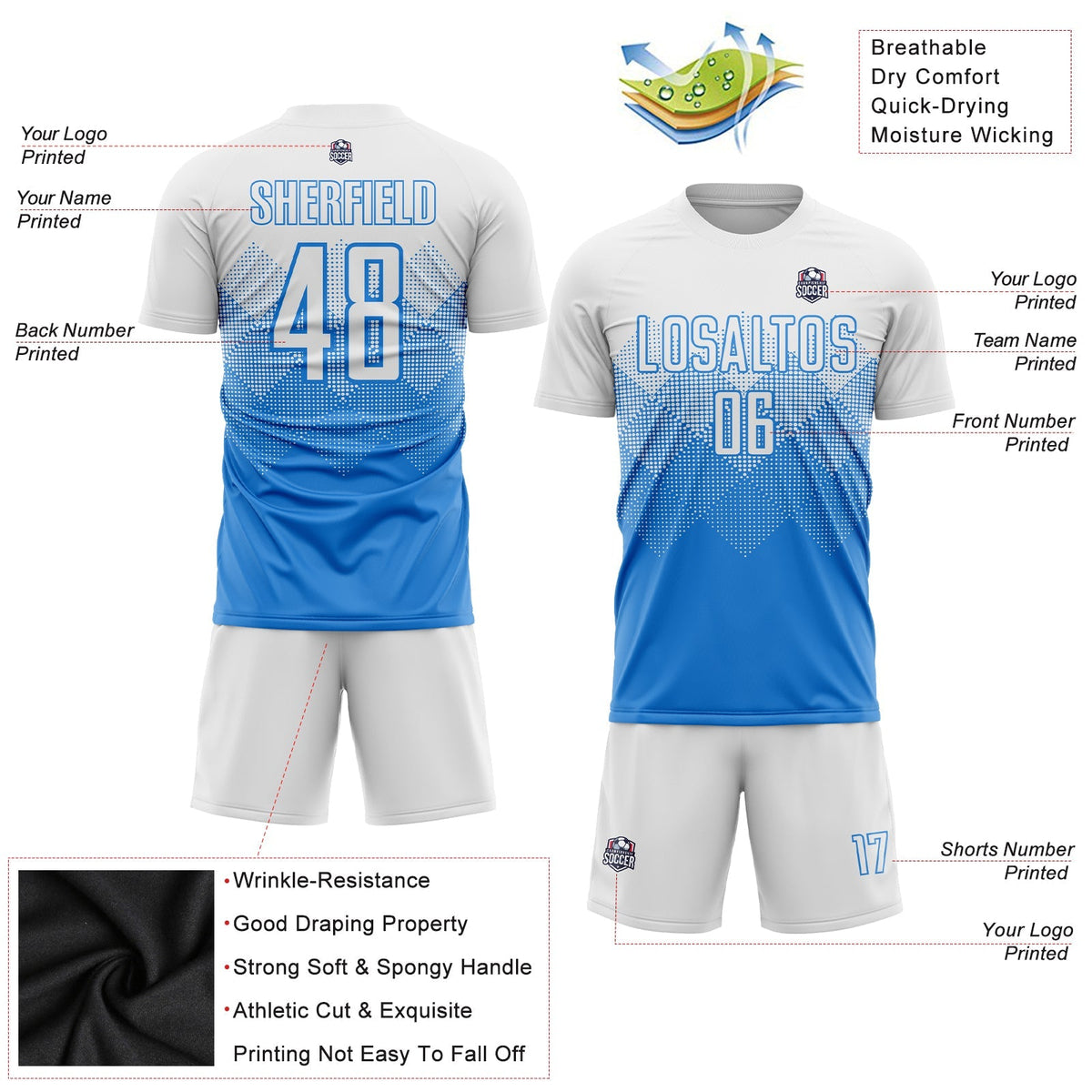 Custom Soccer Jersey - Powder Blue White Sublimation Uniform