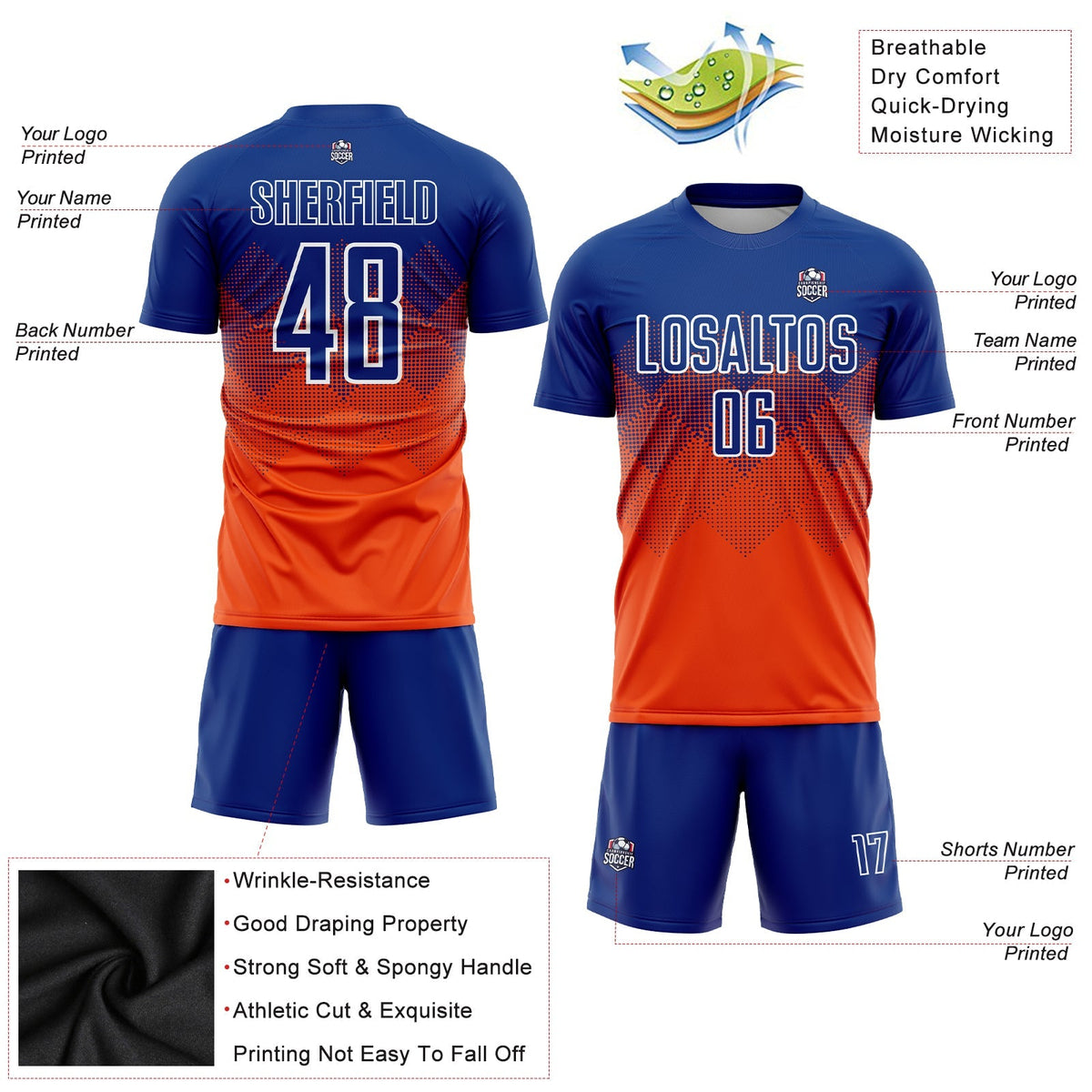 Custom Soccer Jersey - Orange Royal-White Sublimation Uniform