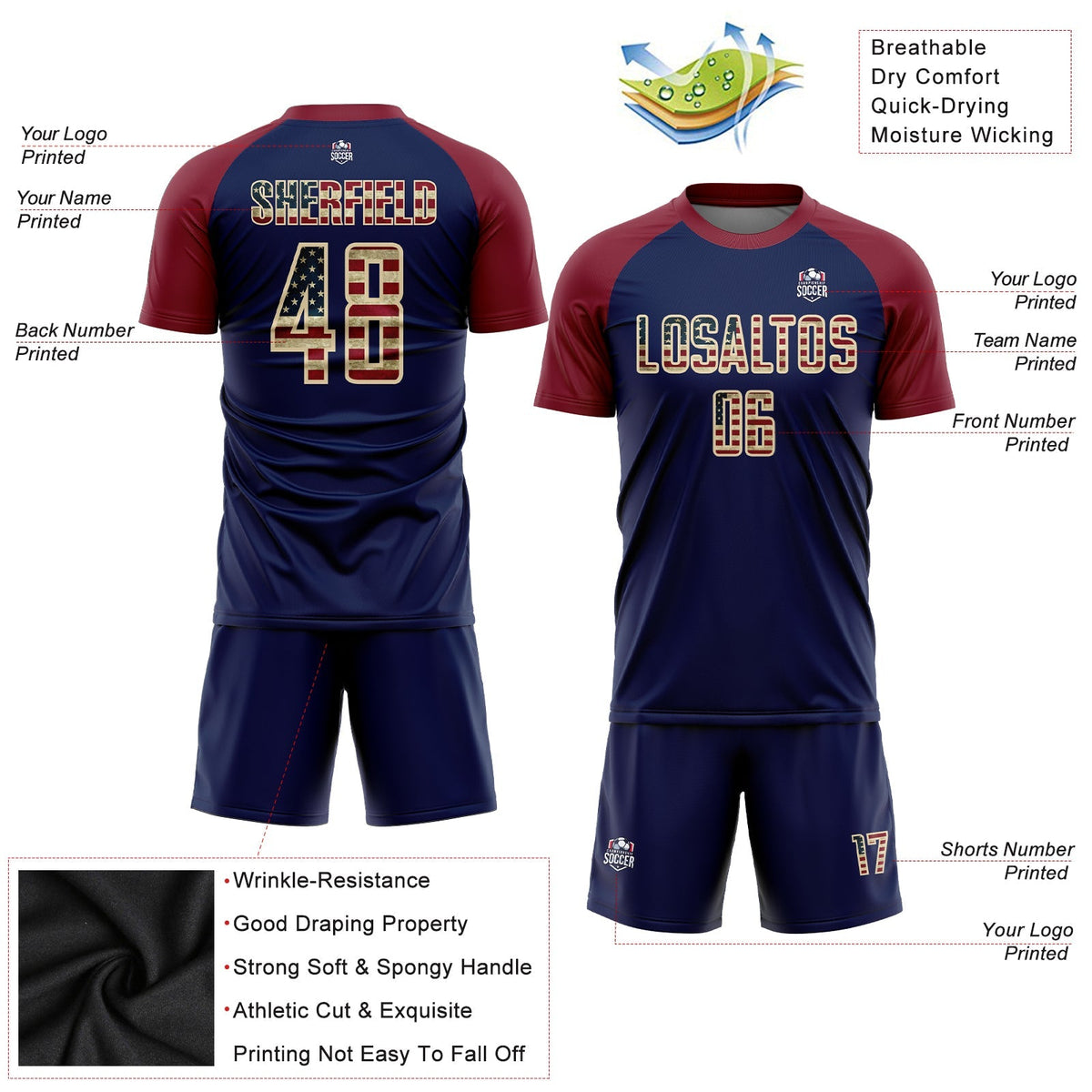 Custom Soccer Jersey - Crimson Vintage USA Flag Navy-Cream Sublimation Uniform