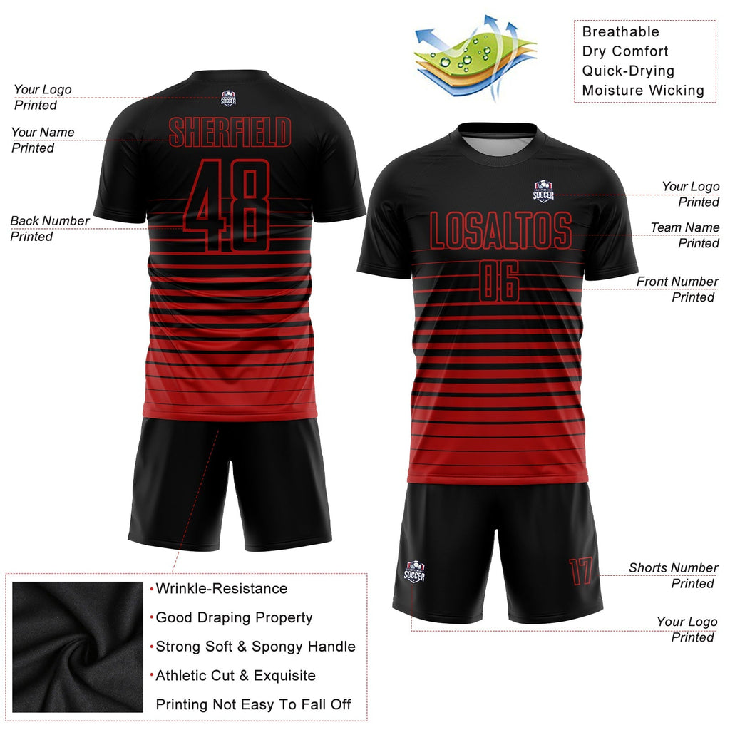 Custom Soccer Jersey - Black Red Pinstripe Fade Fashion Sublimation Uniform