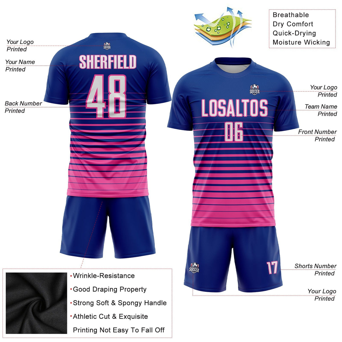 Custom Soccer Jersey - Royal White-Pink Pinstripe Fade Fashion Sublimation Uniform