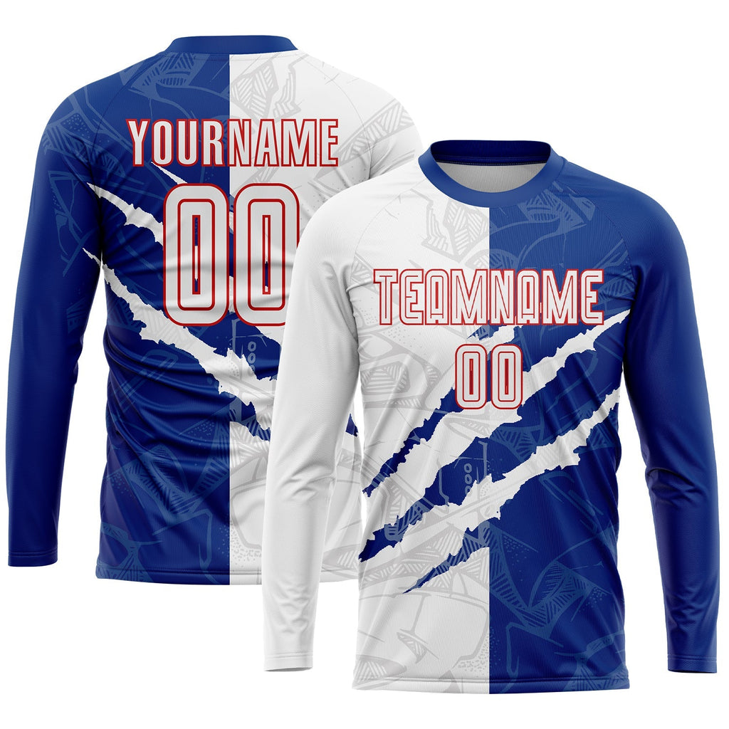 Custom Soccer Jersey - Graffiti Pattern White Royal-Red Scratch Sublimation Uniform