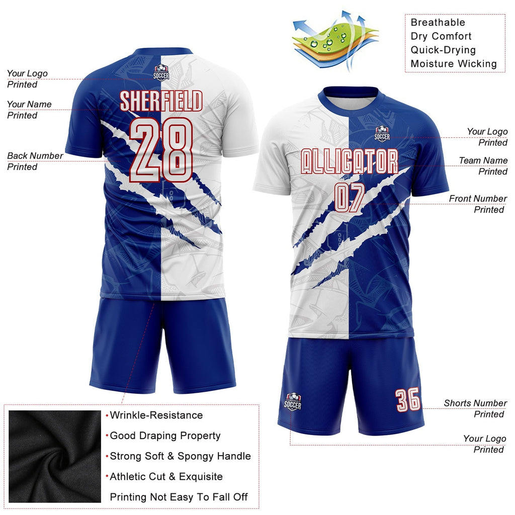 Custom Soccer Jersey - Graffiti Pattern White Royal-Red Scratch Sublimation Uniform