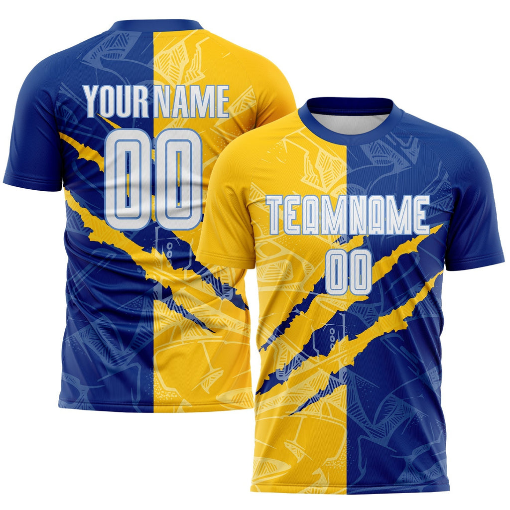 Custom Soccer Jersey - Graffiti Pattern White Royal Yellow-Light Blue Scratch Sublimation Uniform