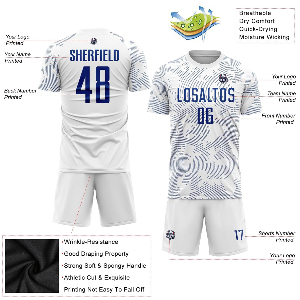 Custom Soccer Jersey - White Royal Sublimation Uniform - Style Soccer0782