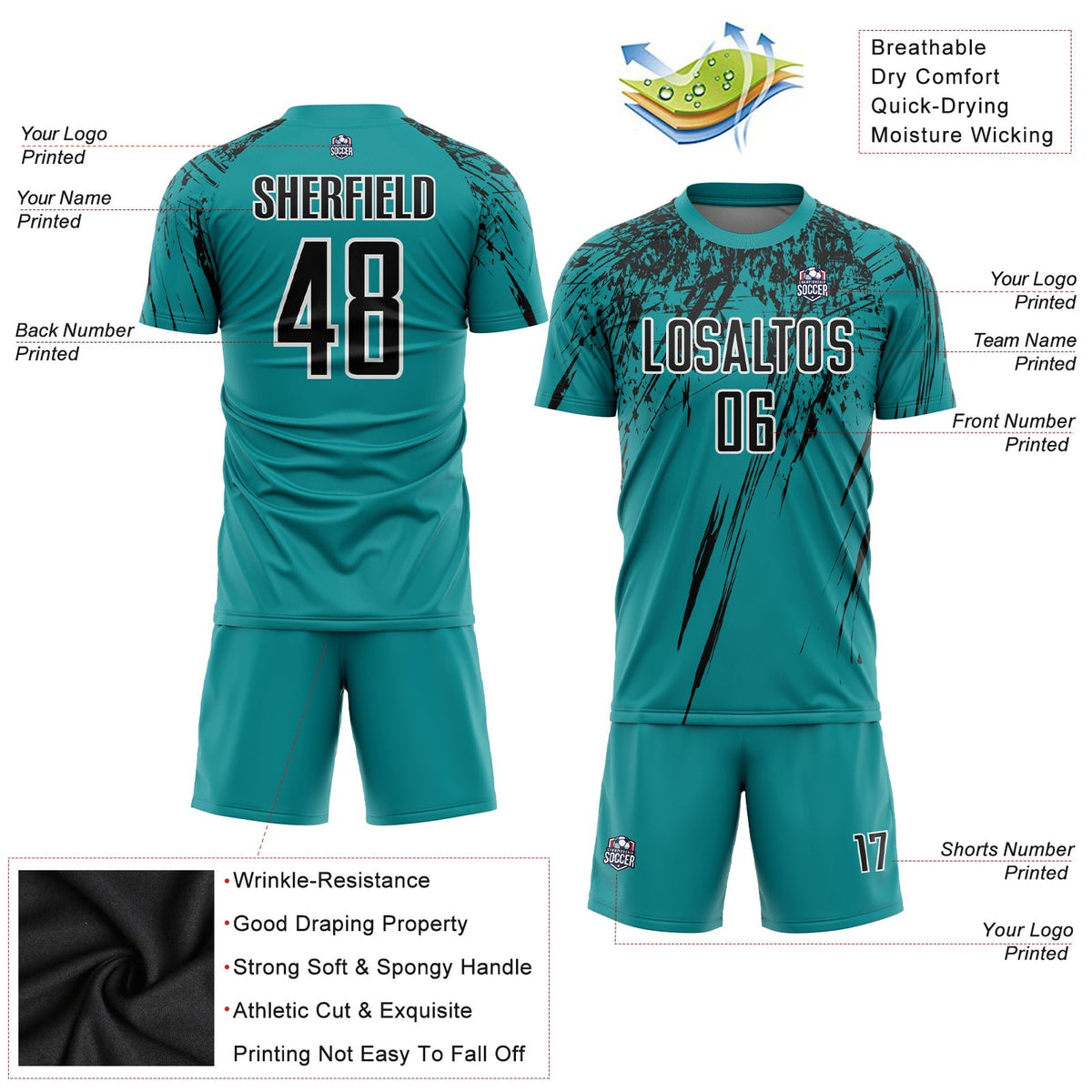 Custom Soccer Jersey - Teal Black-White Sublimation Uniform