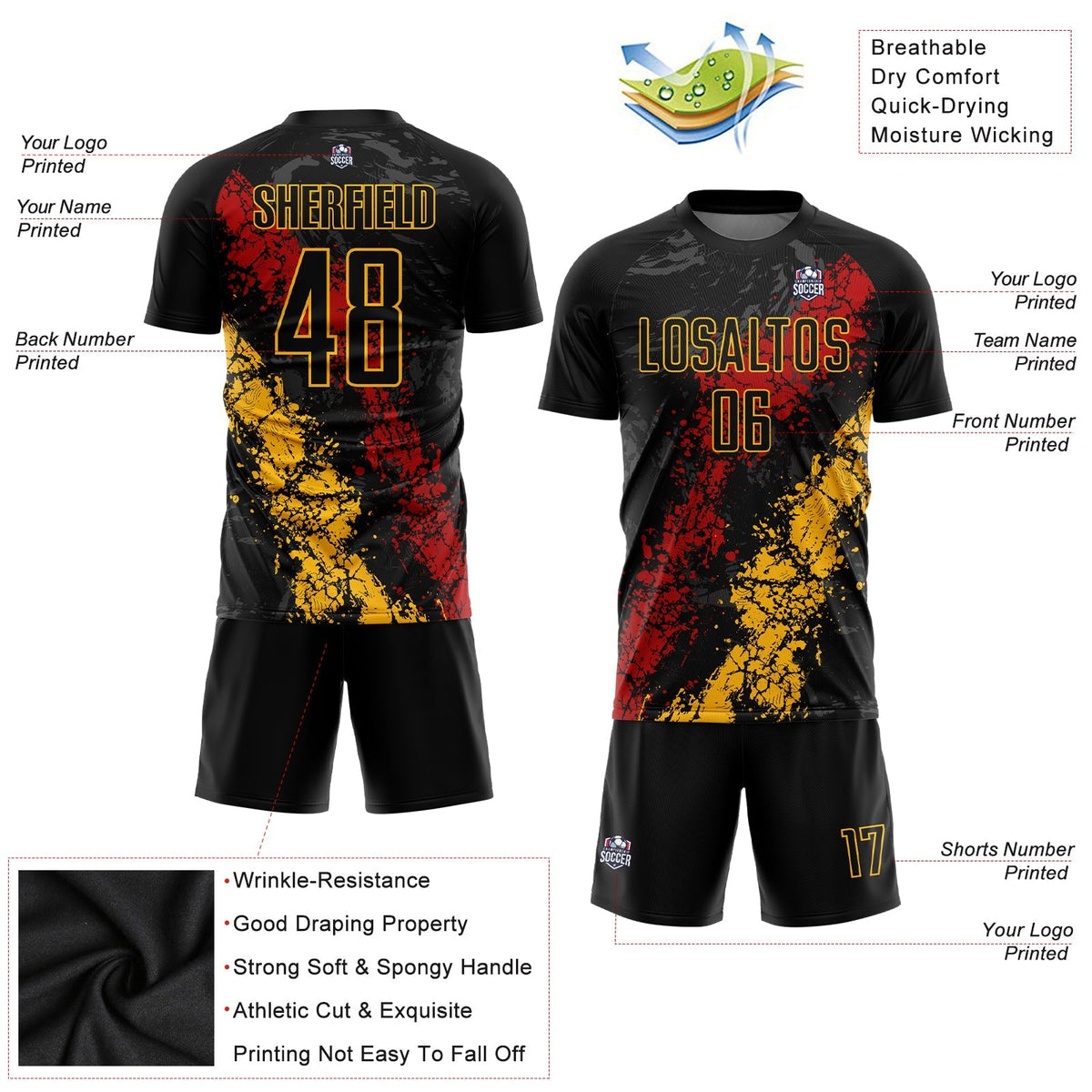 Custom Soccer Jersey - Black Gold-Red Sublimation Uniform