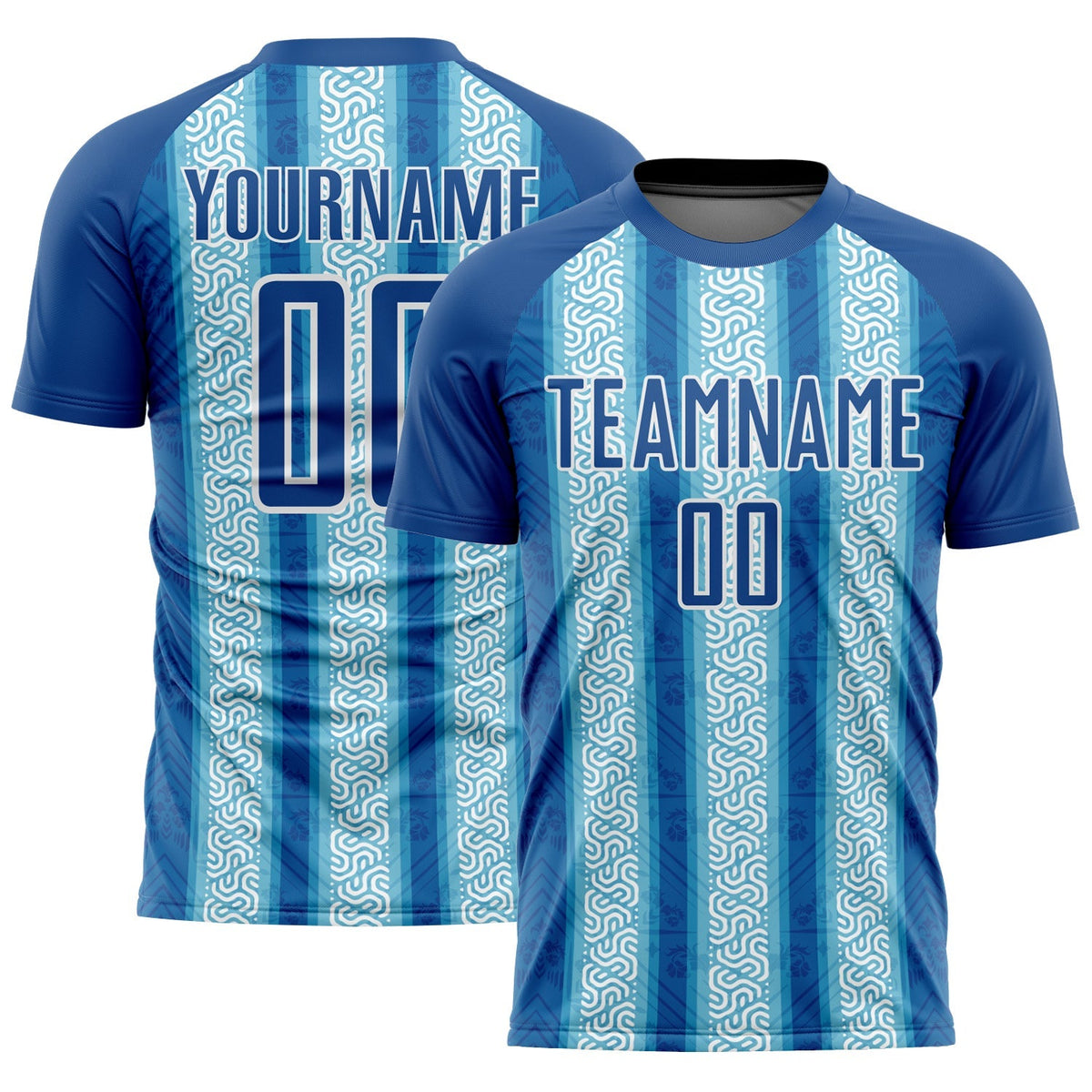 Custom Soccer Jersey - Blue Light Blue-White Ethnic Stripes Sublimation Uniform
