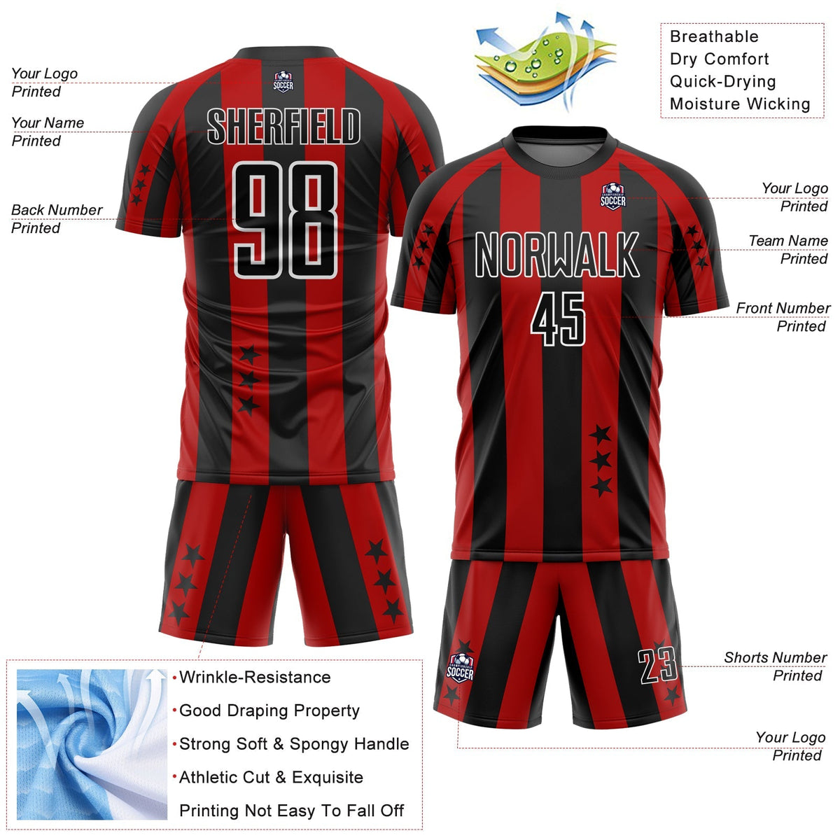 Custom Soccer Jersey - Red Black-White Stars And Stripes Sublimation Uniform