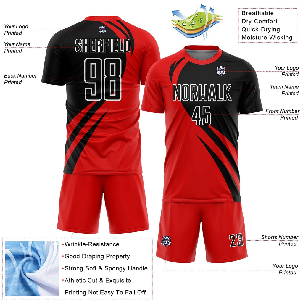 Custom Soccer Jersey - Red Black-White Curve Lines Sublimation Uniform