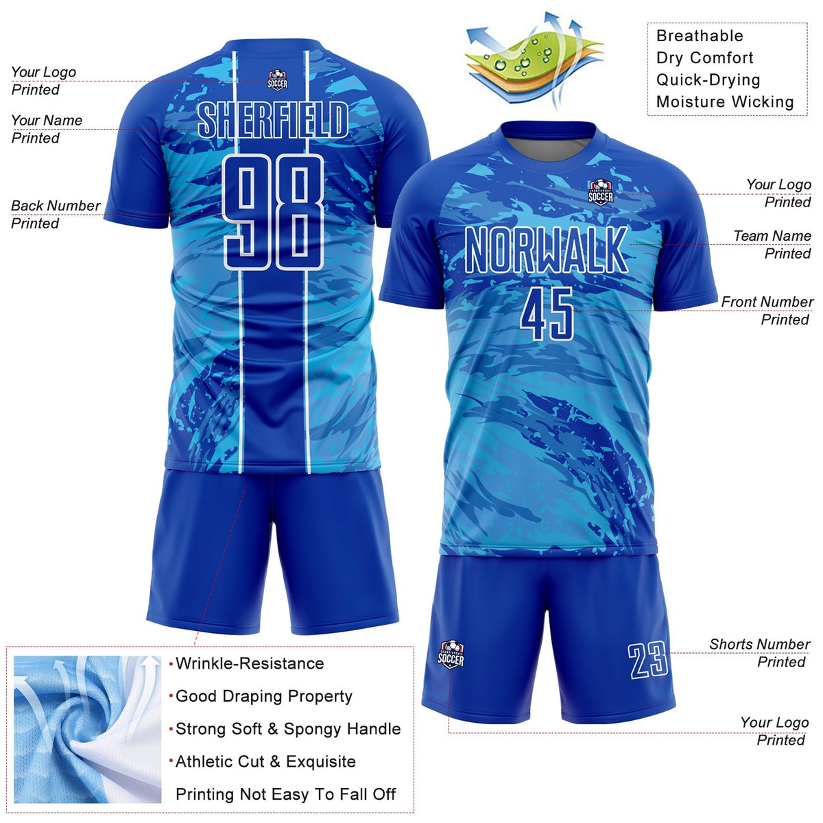 Custom Soccer Jersey - Thunder Blue Sky Blue-White Abstract Fluid Sublimation Uniform