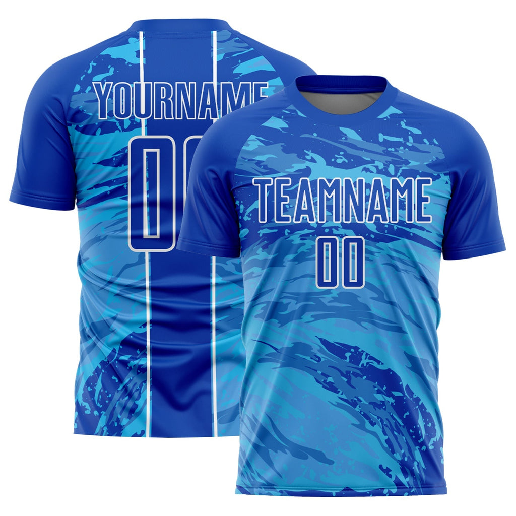 Custom Soccer Jersey - Thunder Blue Sky Blue-White Abstract Fluid Sublimation Uniform