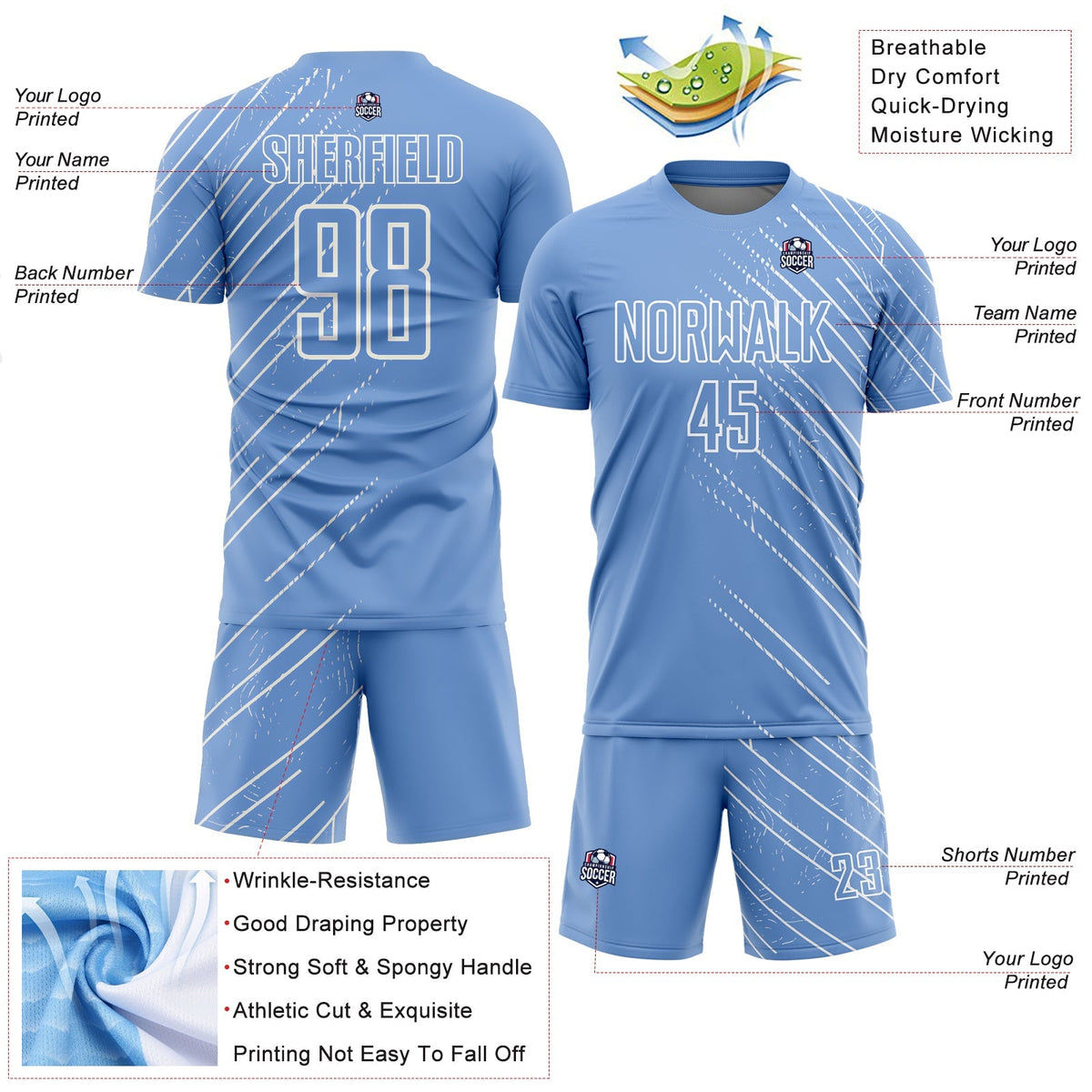 Custom Soccer Jersey - Light Blue White Lines Sublimation Uniform