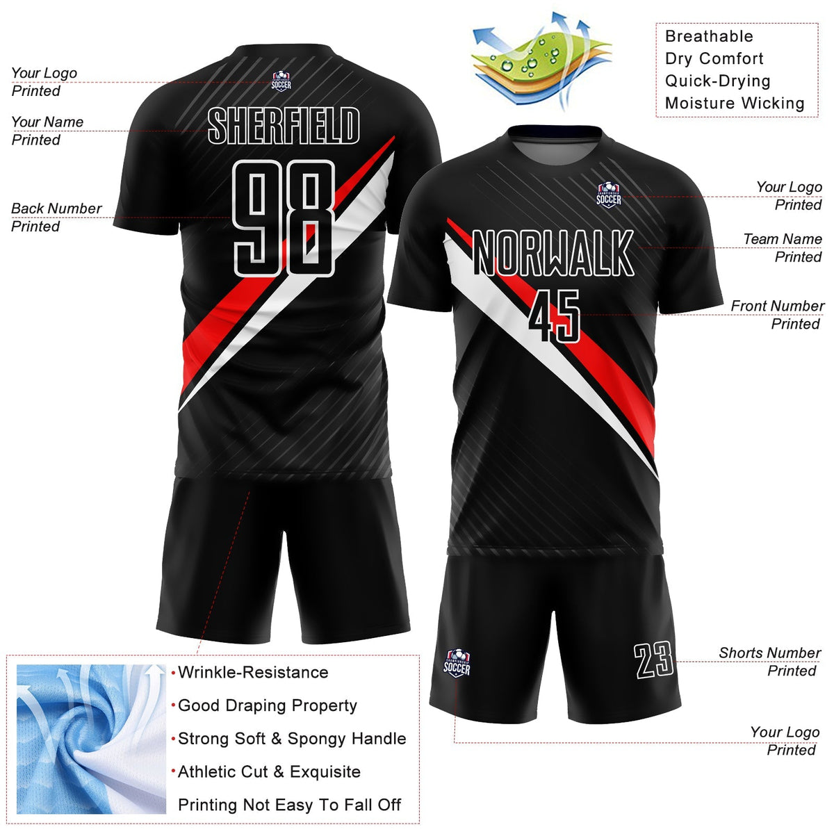 Custom Soccer Jersey - Black Red-White Diagonal Lines Sublimation Uniform