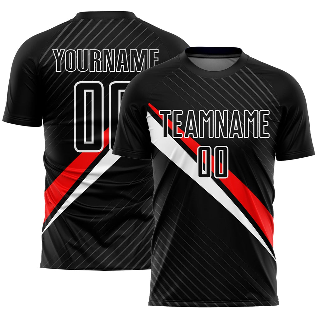 Custom Soccer Jersey - Black Red-White Diagonal Lines Sublimation Uniform