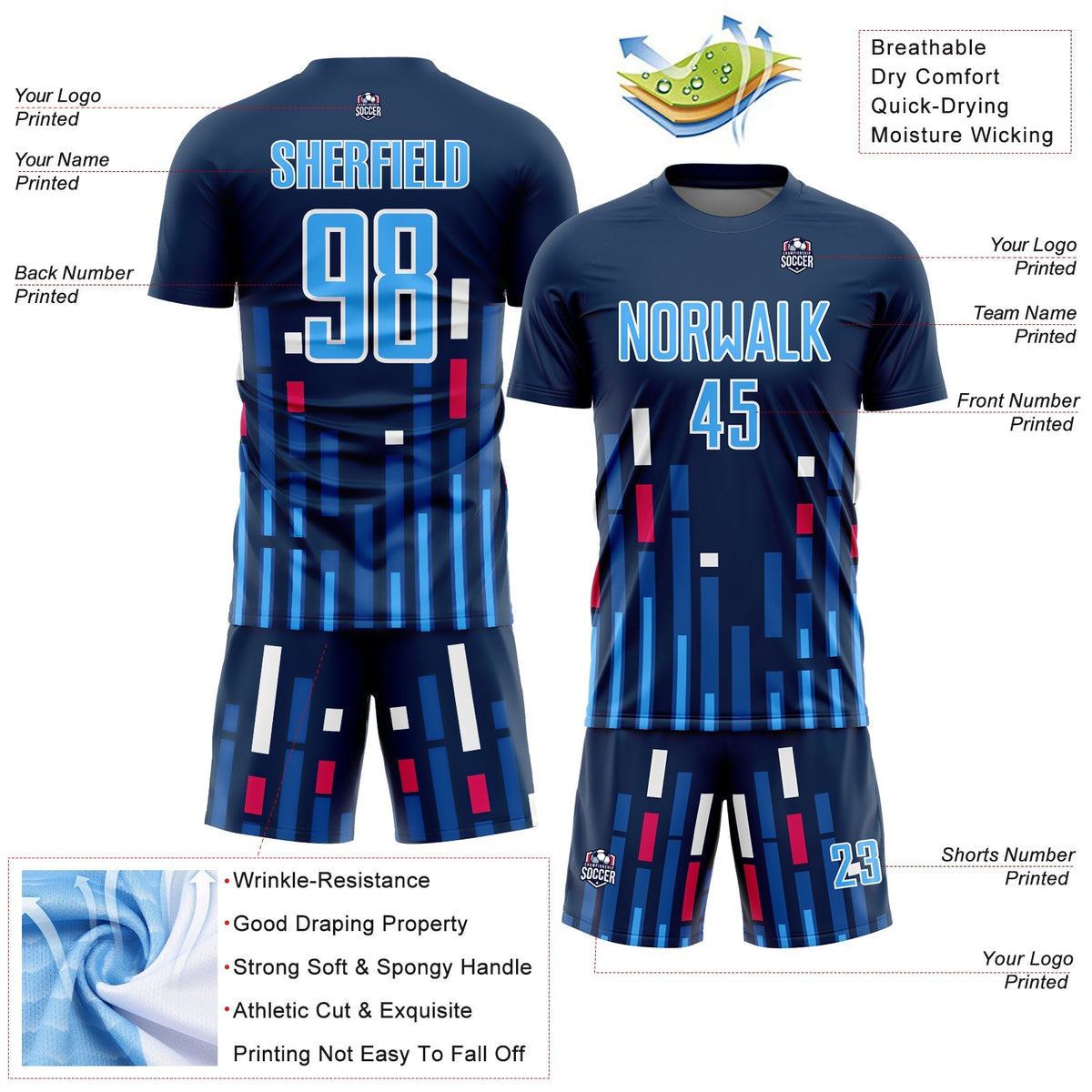 Custom Soccer Jersey - US Navy Blue Sky Blue-White Lines Sublimation Uniform
