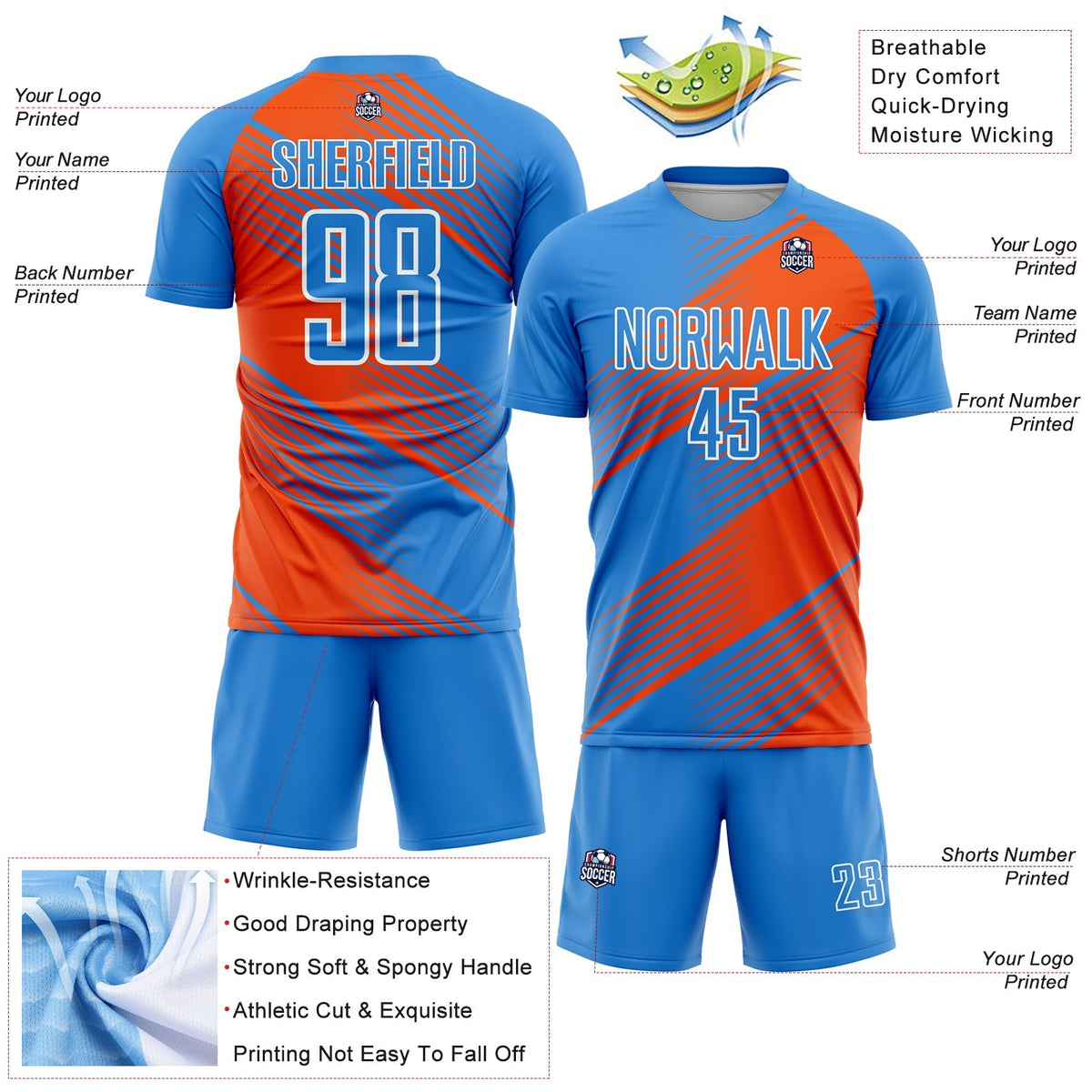 Custom Soccer Jersey - Powder Blue Orange-White Line Sublimation Uniform