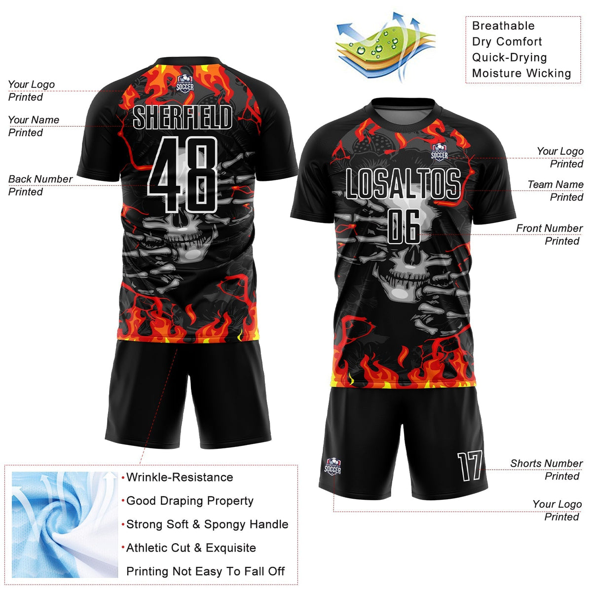 Custom Soccer Jersey - Black Red-Gold Skull Flame Sublimation Uniform