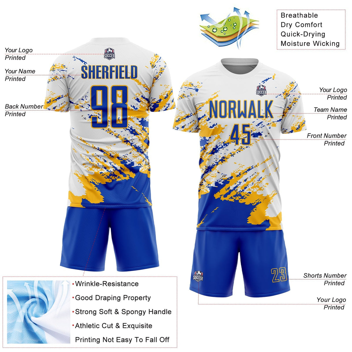 Custom Soccer Jersey - White Thunder Blue-Gold Abstract Fragment Art Splash Sublimation Uniform