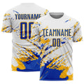 Custom Soccer Jersey - White Thunder Blue-Gold Abstract Fragment Art Splash Sublimation Uniform