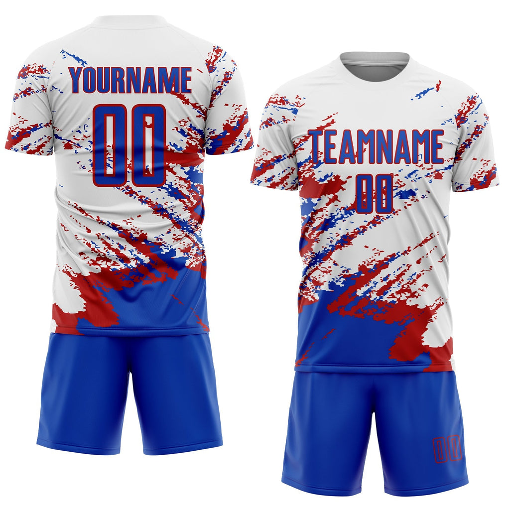 Custom Soccer Jersey - White Thunder Blue-Red Abstract Fragment Art Splash Sublimation Uniform