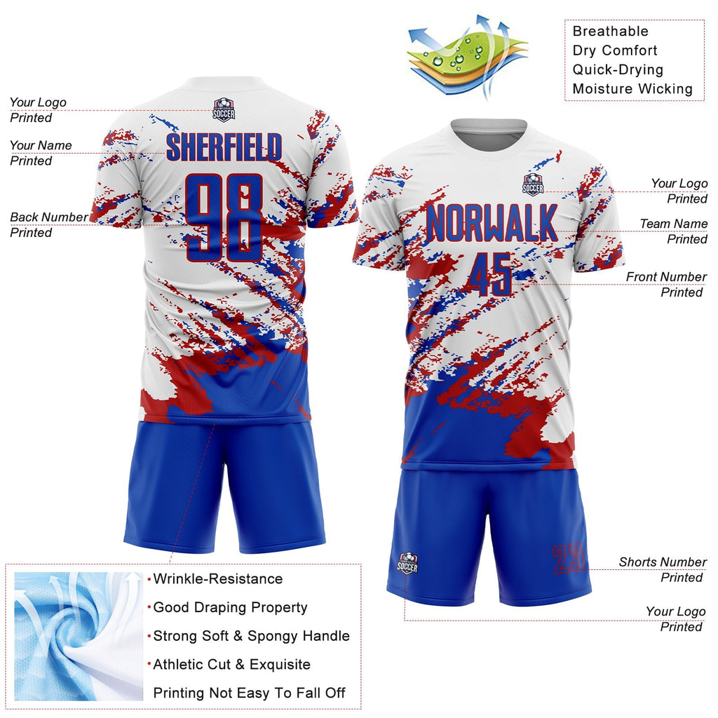 Custom Soccer Jersey - White Thunder Blue-Red Abstract Fragment Art Splash Sublimation Uniform