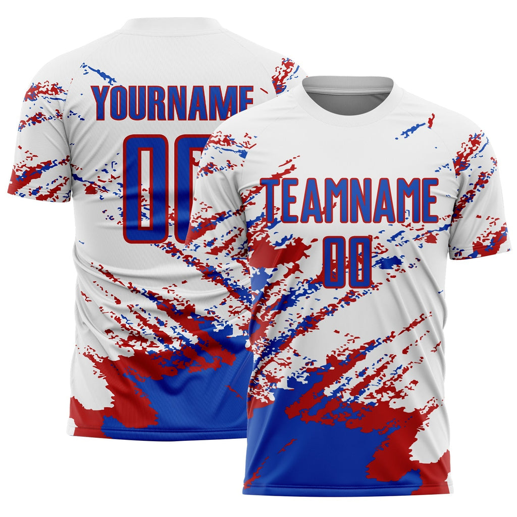 Custom Soccer Jersey - White Thunder Blue-Red Abstract Fragment Art Splash Sublimation Uniform