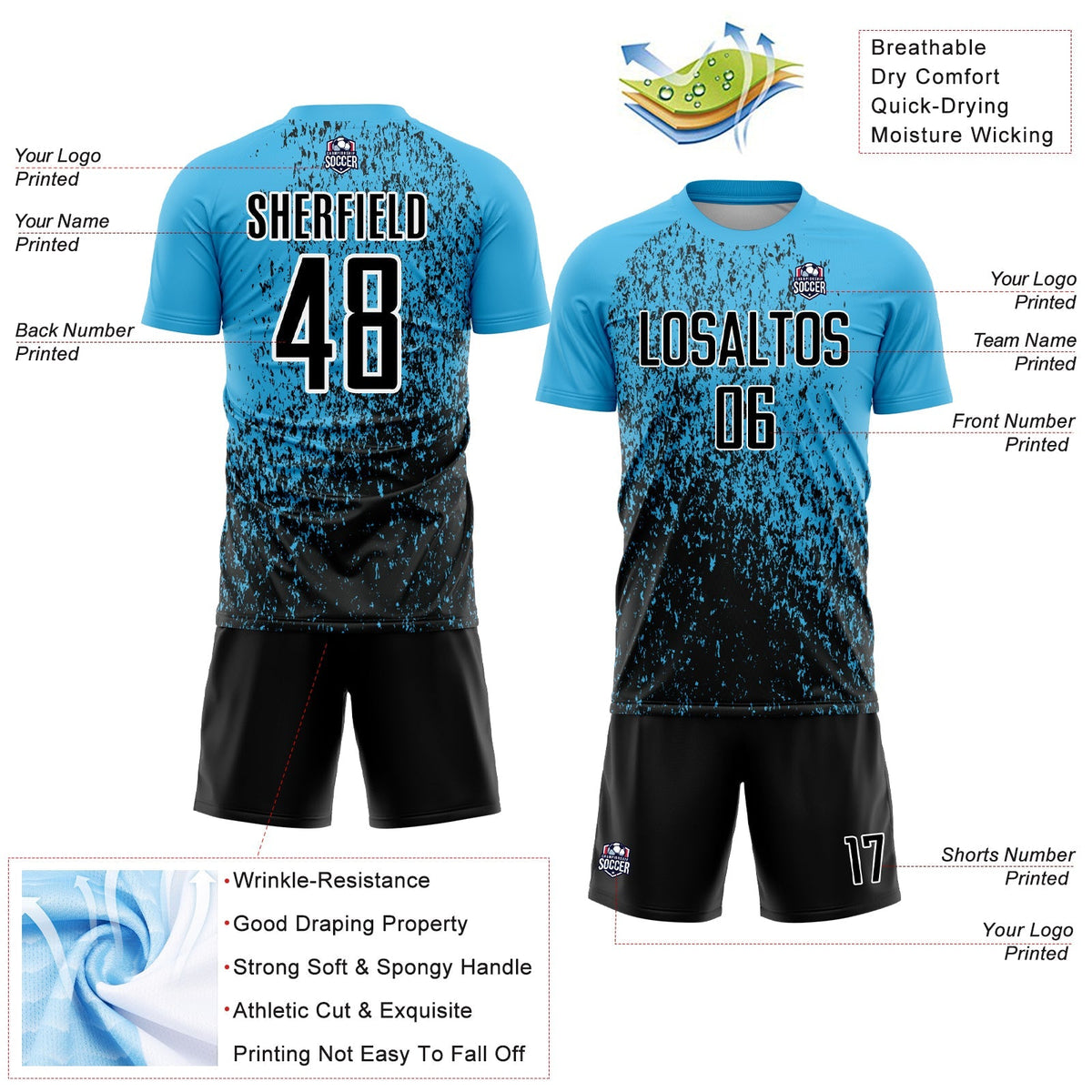 Custom Soccer Jersey - Sky Blue Black-White Abstract Fragment Art Sublimation Uniform
