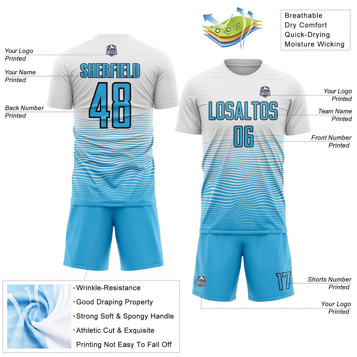 Custom Soccer Jersey - White Sky Blue-Black Gradient Line Sublimation Uniform