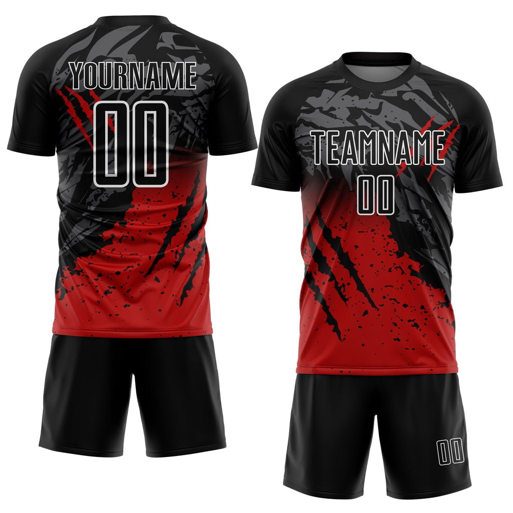 Custom Soccer Jersey - Black Red-White Gradient Scratch Splash Sublimation Uniform