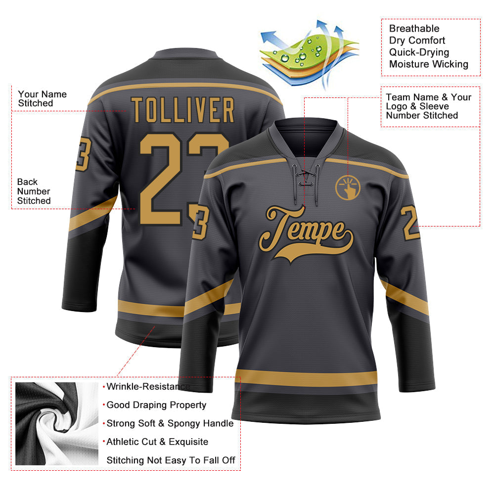 Custom Hockey Jersey - Steel Gray Old Gold-Black Lace Neck