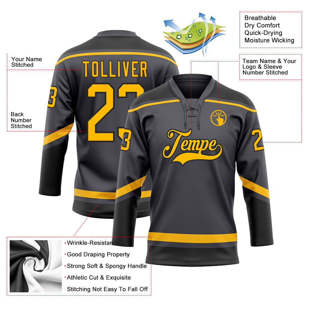 Custom Hockey Jersey - Steel Gray Gold-Black Lace Neck
