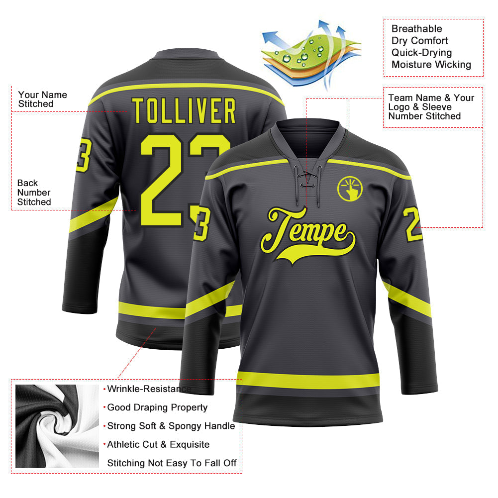 Custom Hockey Jersey - Steel Gray Neon Yellow-Black Lace Neck