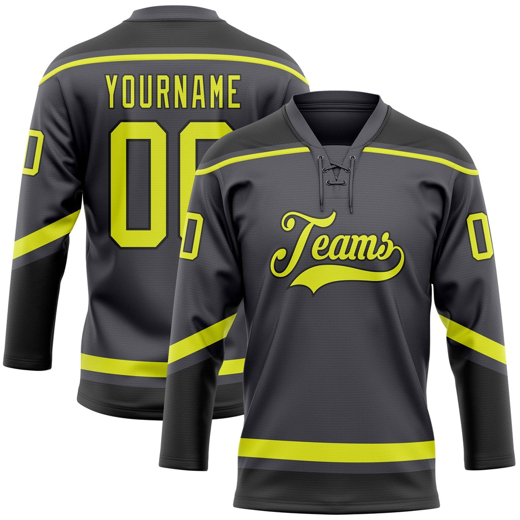 Custom Hockey Jersey - Steel Gray Neon Yellow-Black Lace Neck