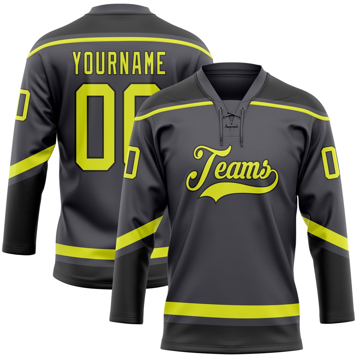 Custom Hockey Jersey - Steel Gray Neon Yellow-Black Lace Neck