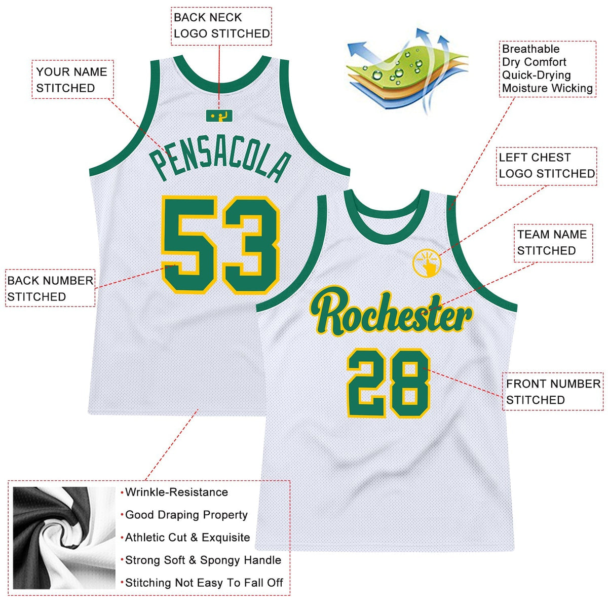 Custom Basketball Jersey - White Kelly Green-Gold Throwback