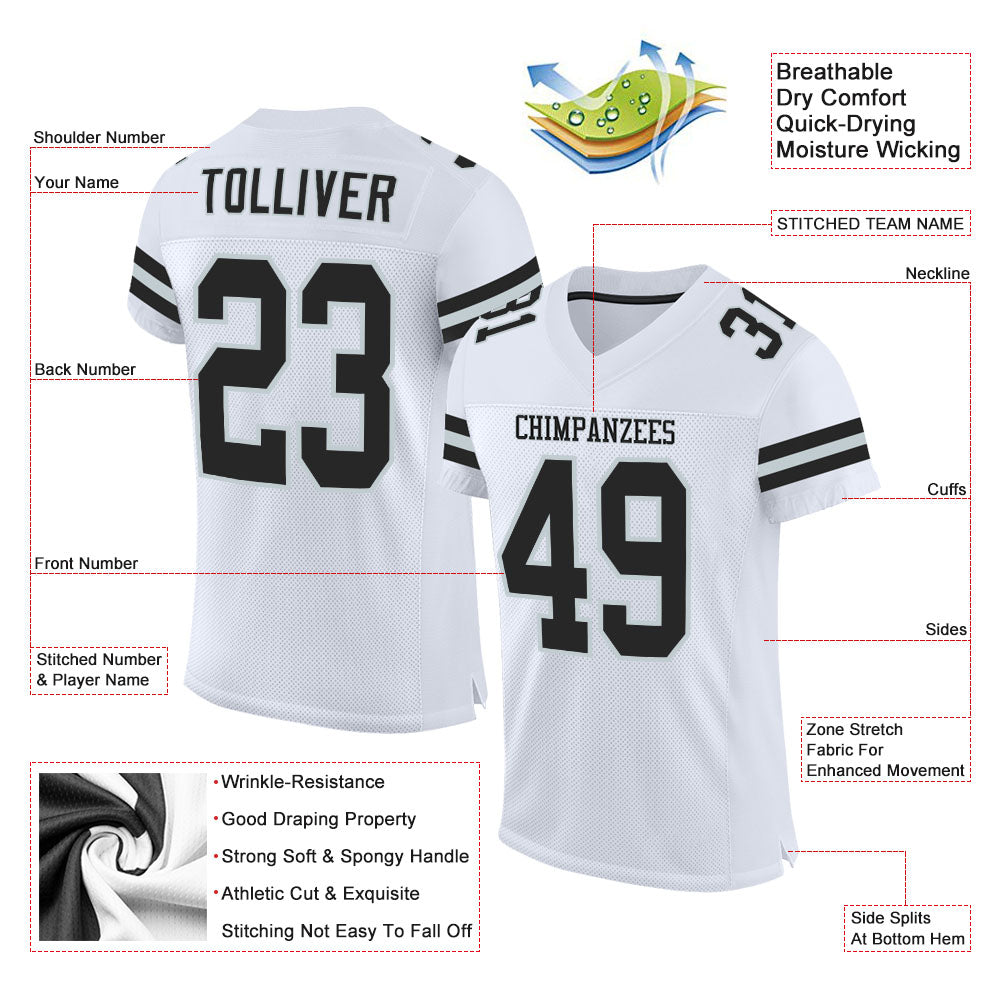 Custom Football Jersey - White Black-Silver Mesh