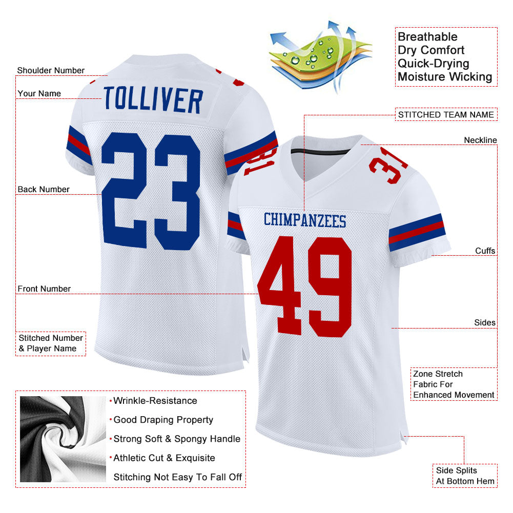 Custom Football Jersey - White Royal-Red Mesh - Style White0613