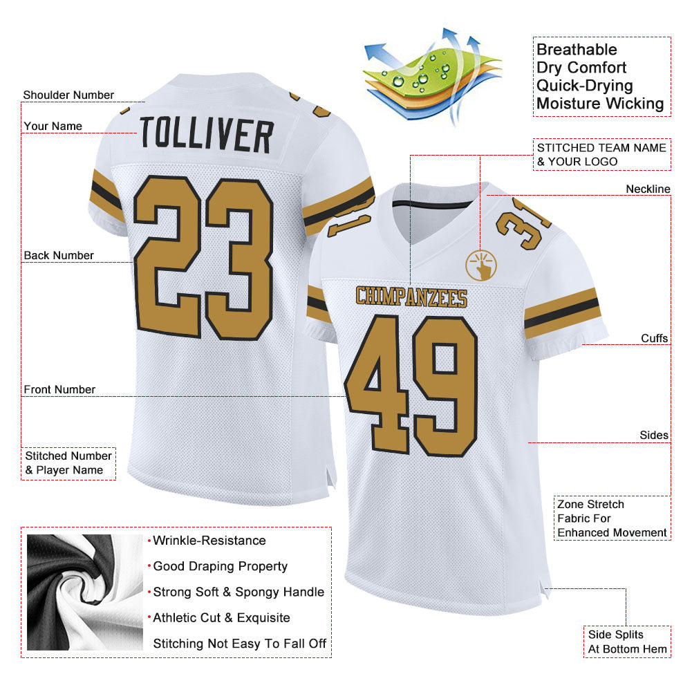 Custom Football Jersey - White Old Gold-Black Mesh