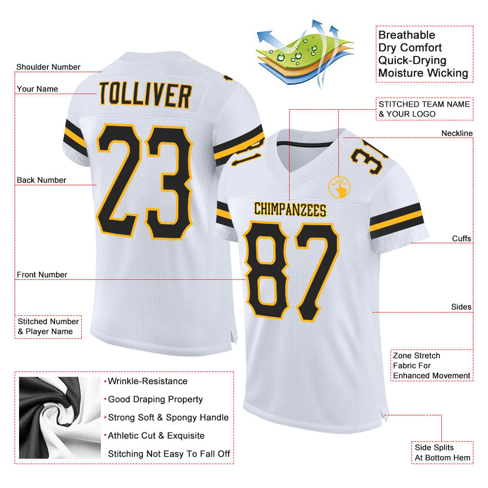 Custom Football Jersey - White Black-Gold Mesh - Style White0622