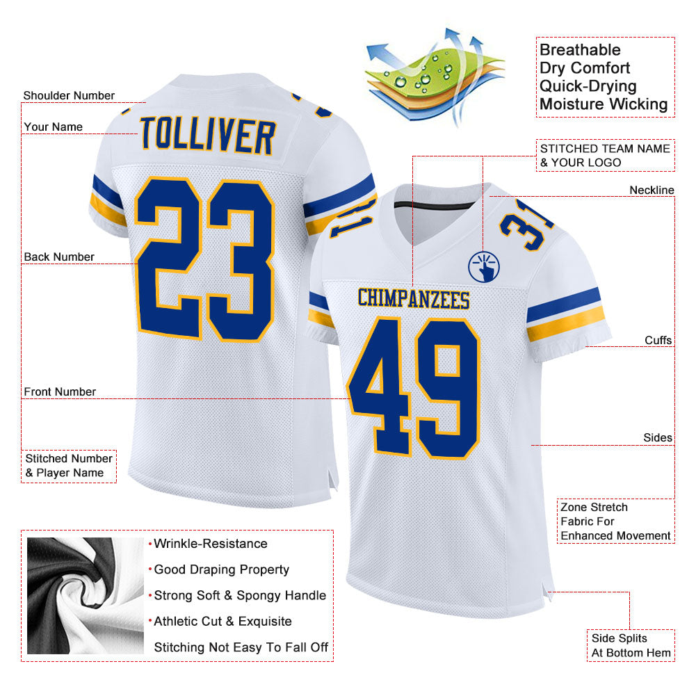 Custom Football Jersey - White Royal-Gold Mesh