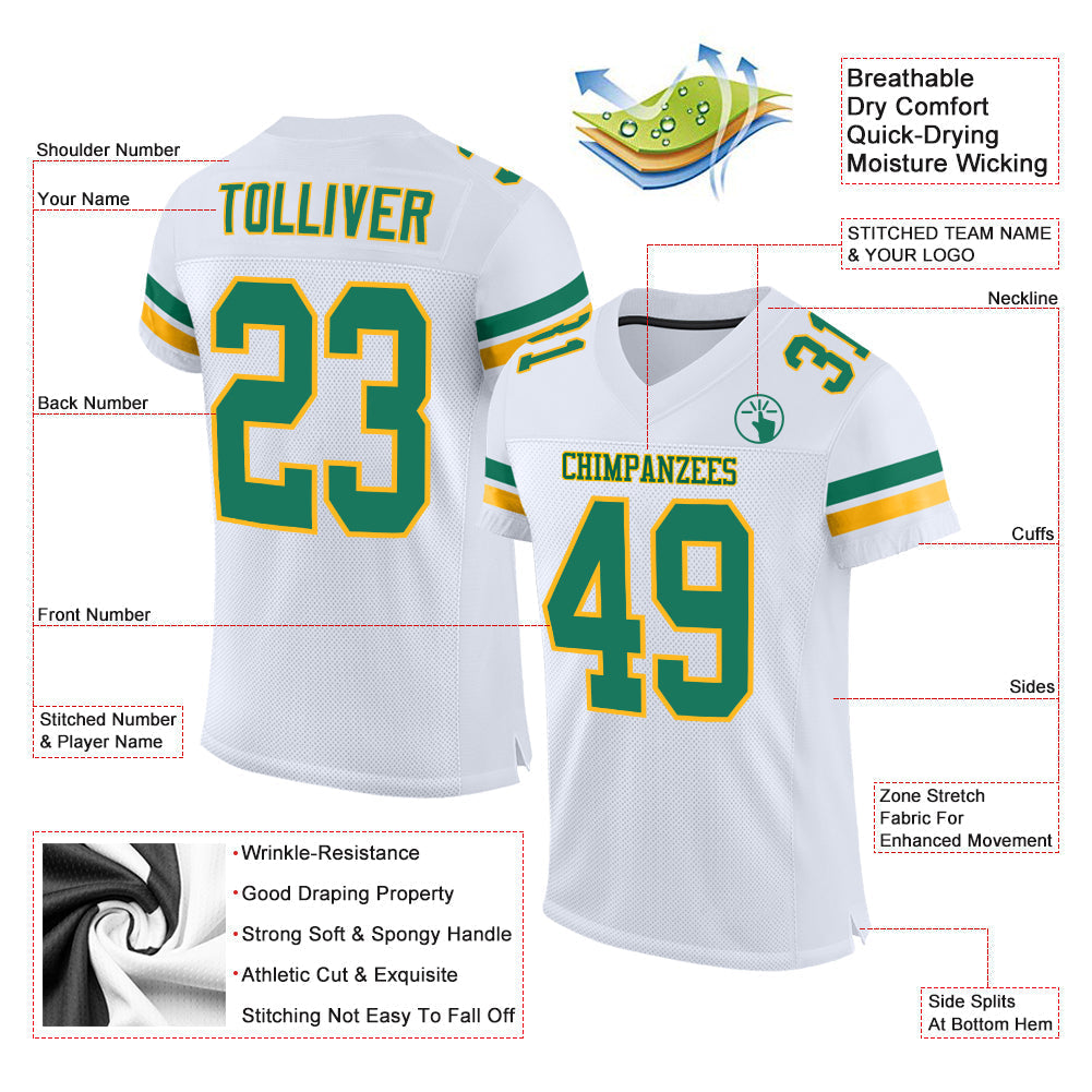 Custom Football Jersey - White Kelly Green-Gold Mesh