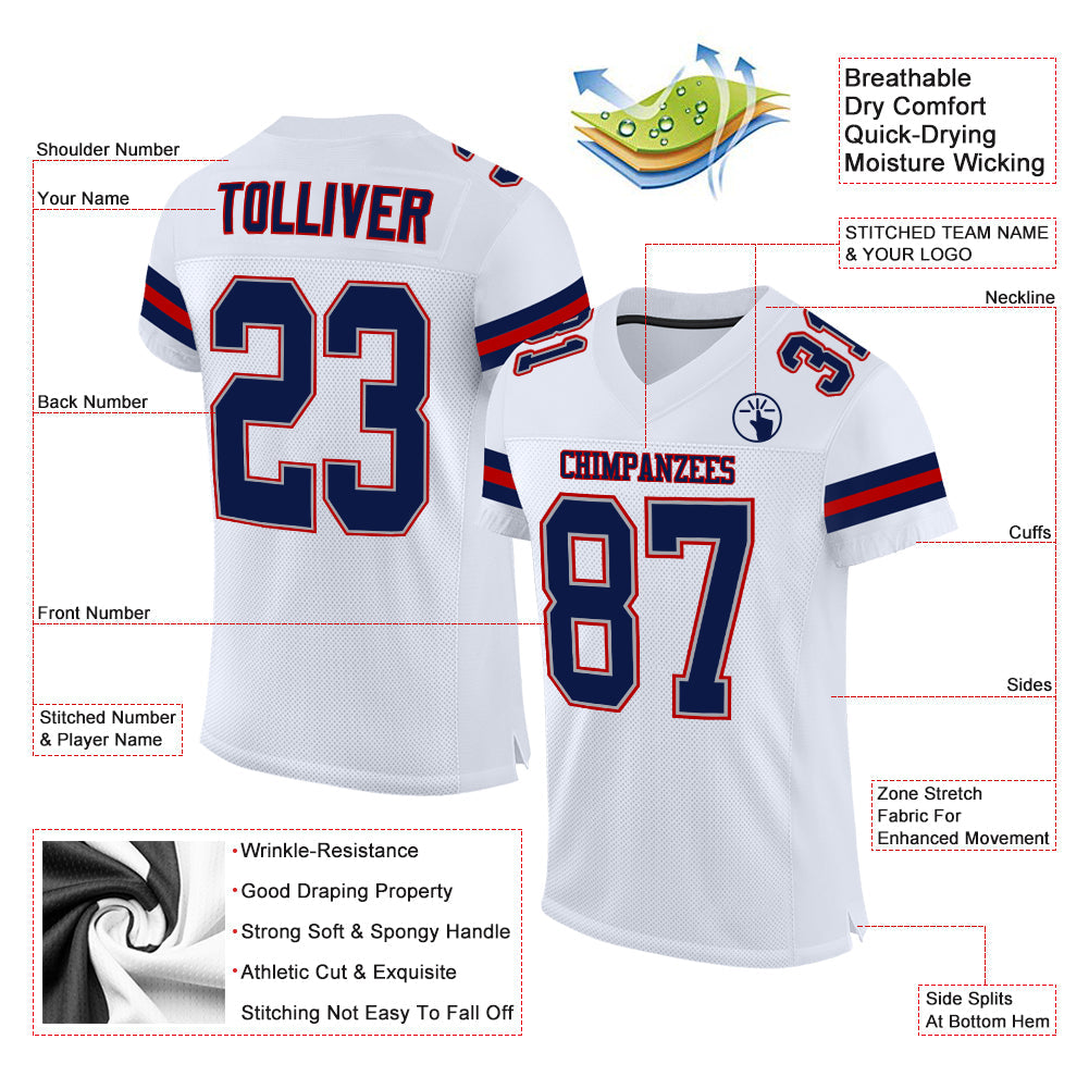 Custom Football Jersey - White Navy-Red Mesh
